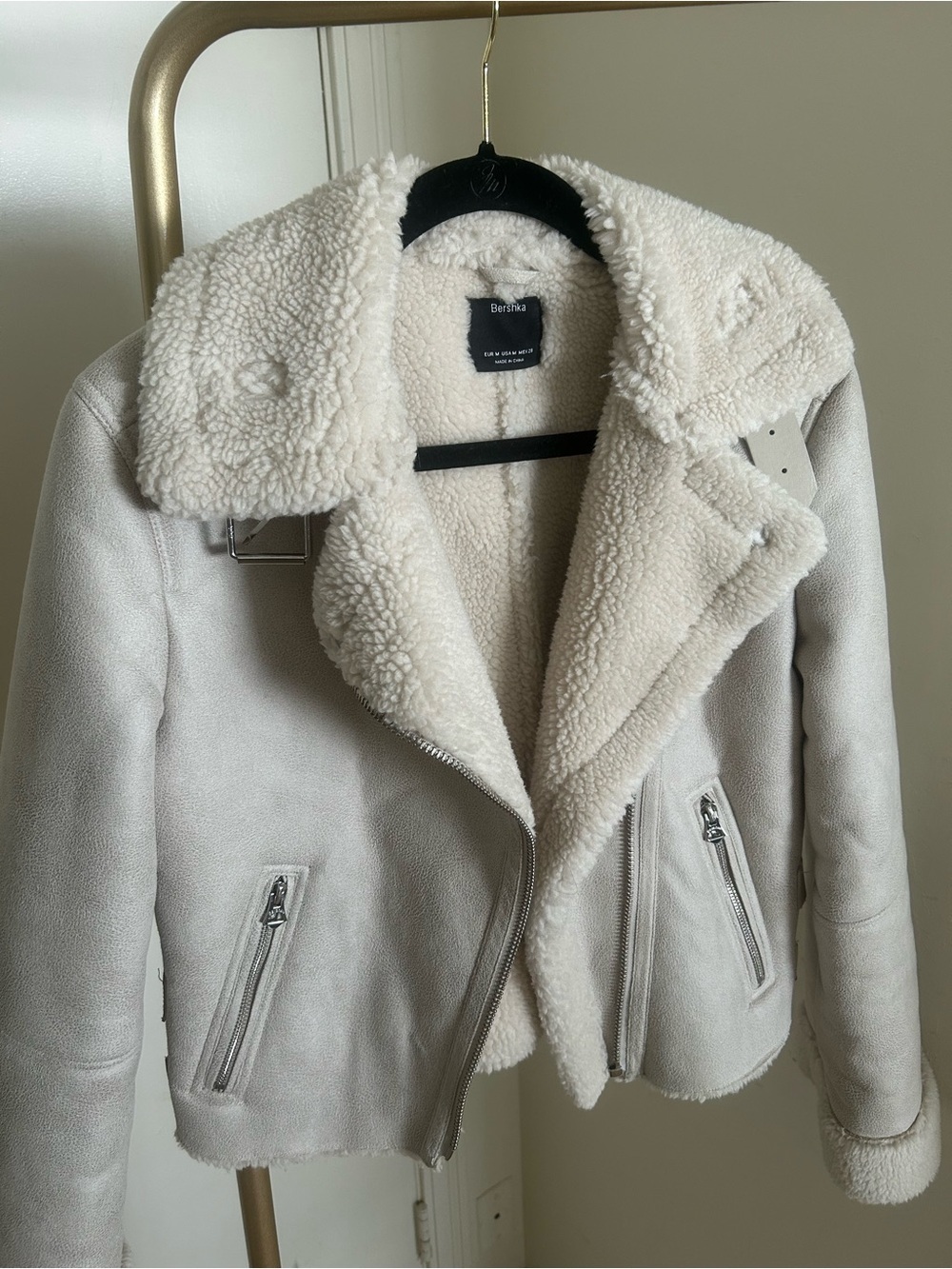 Bershka Cream Sherpa Faux Suede Moto Jacket Shearling Biker Coat Size M - Picture 3 of 10